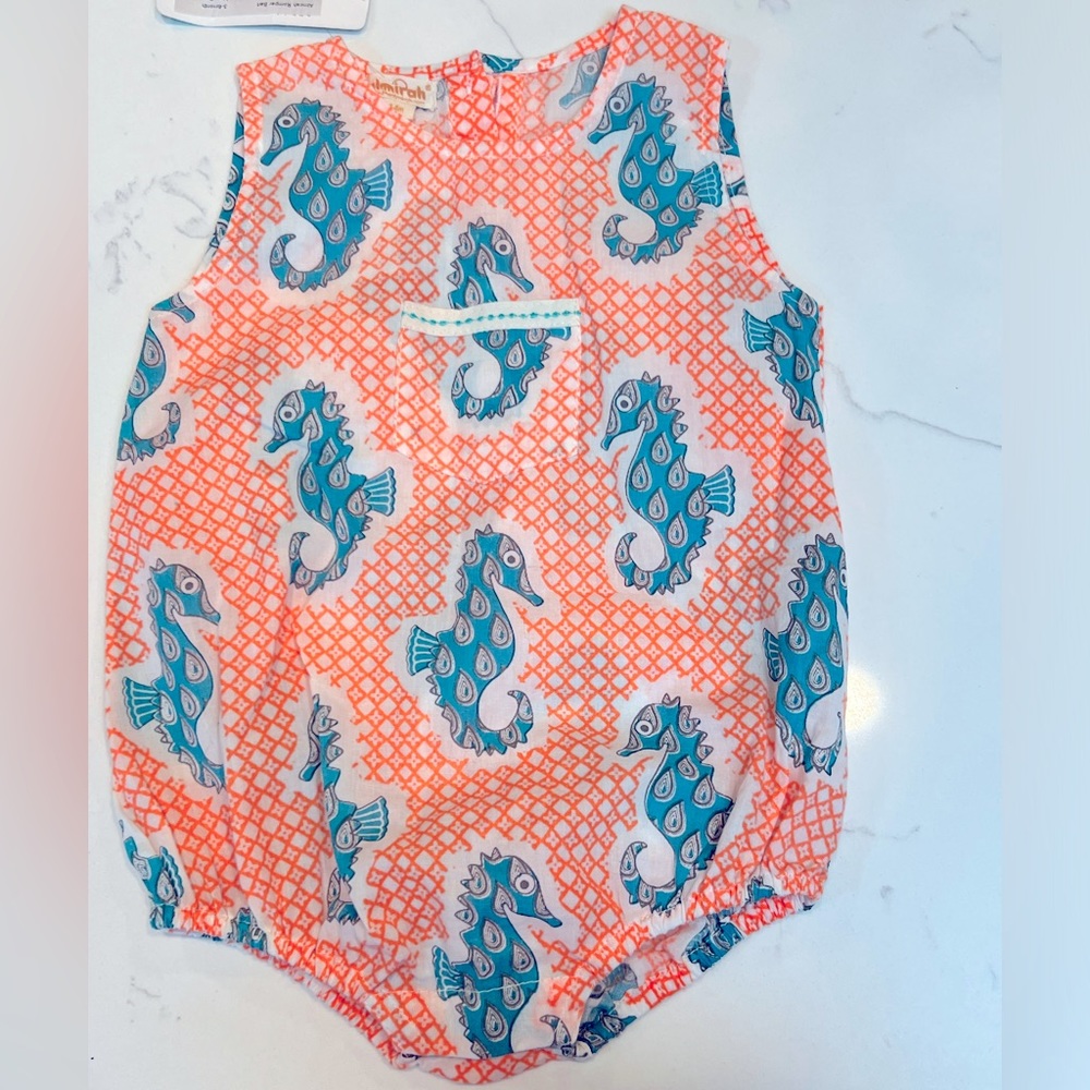 Almirah Neon Orange & Turquoise Seahorse Onesie. NWT Size 3-6 months.